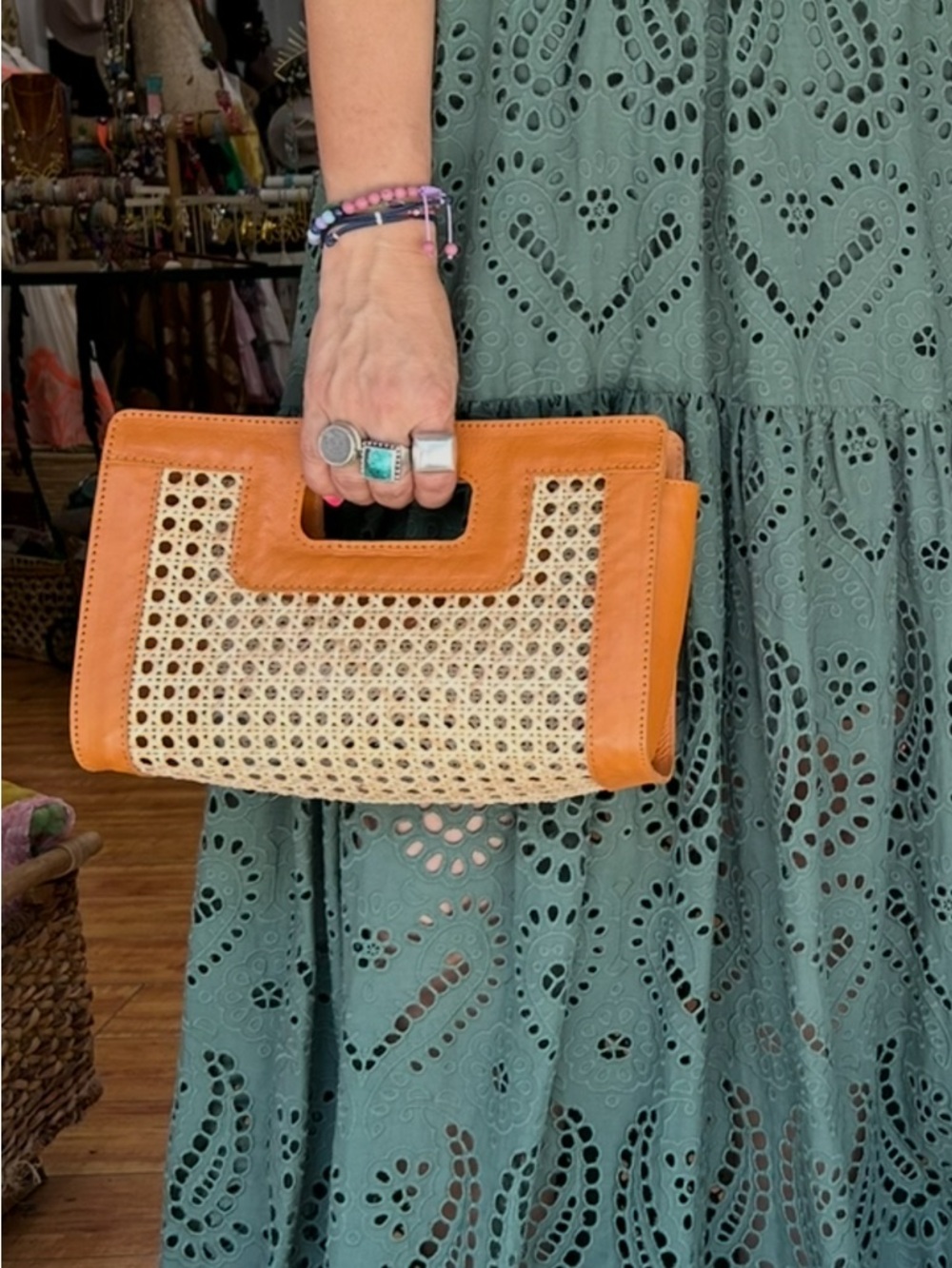 Woven Cane Handheld Clutch with Tan Leather Trim